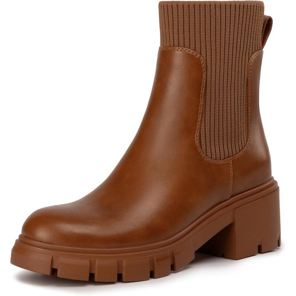 Women’s Tan Platform Chelsea Boots Lug Sole Chunky Slip On Ankle Booties